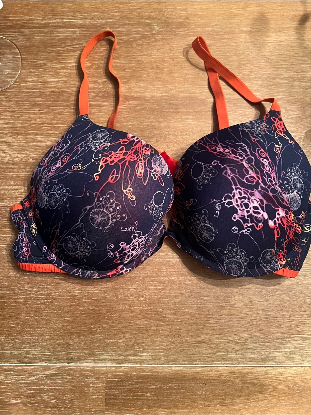 Navy Floral Print T-Shirt Bra with Orange Straps
